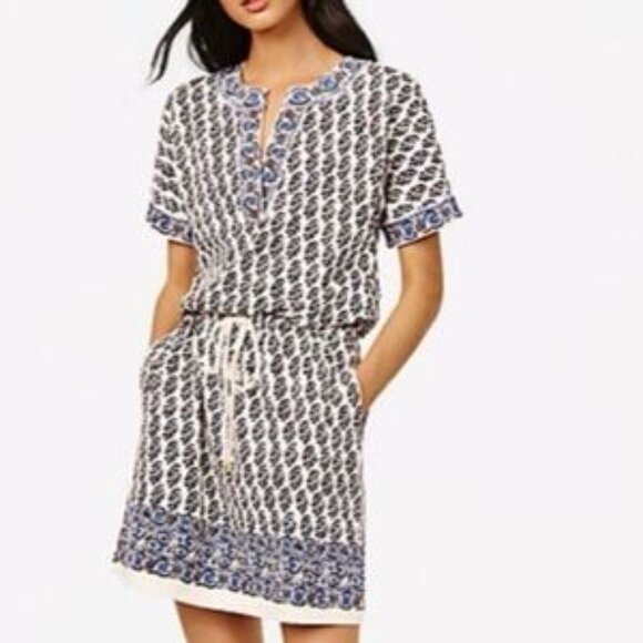 Tory Burch Amara dress small cotton block print cream blue tie Guru Print - Picture 1 of 11